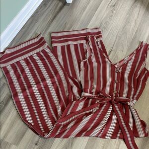 Xhilaration Maroon and White Striped Wide leg Jumpsuit